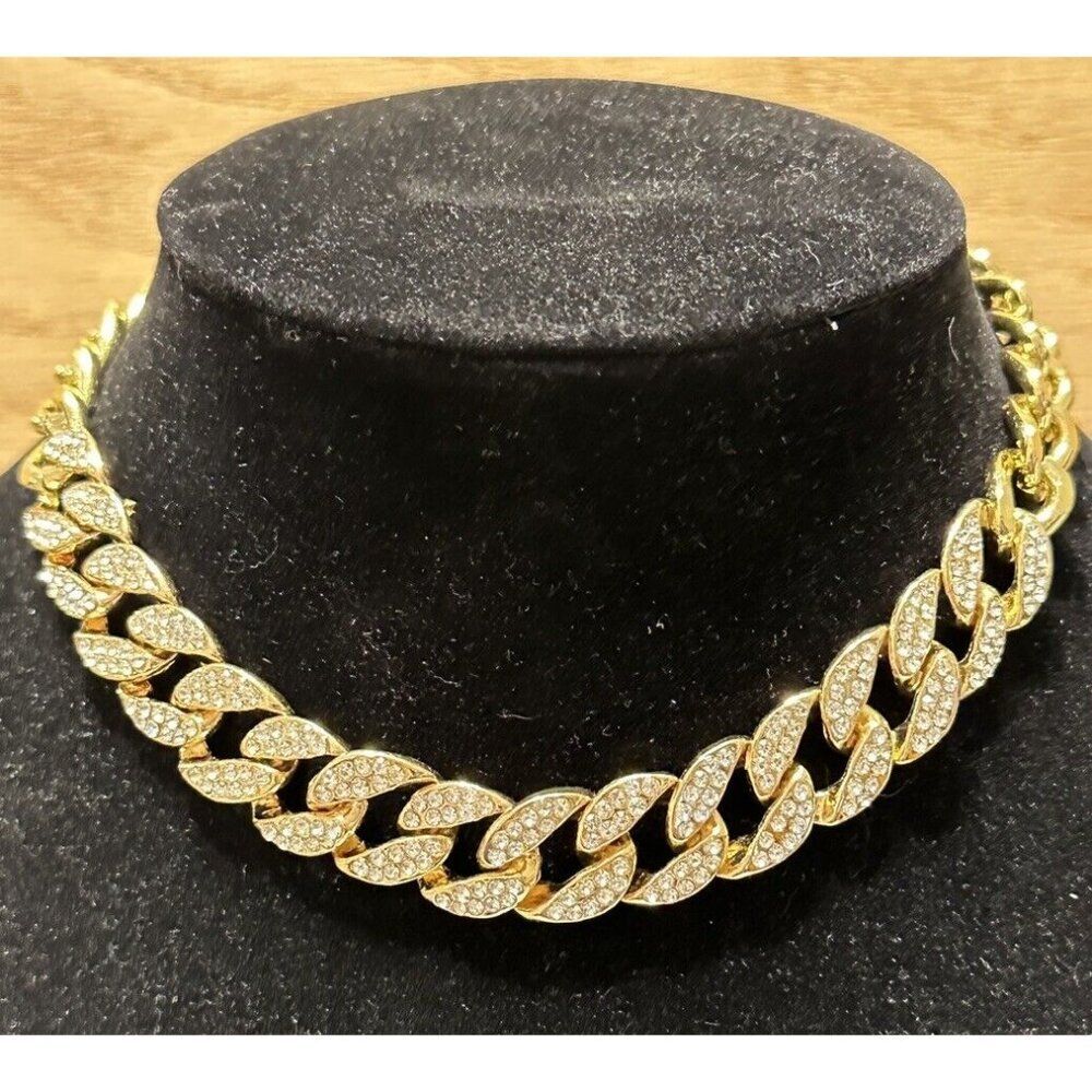 Pave Rhinestones Miami Style Curb Thick Chain Gold Tone Lobster Clasp 12-15” L